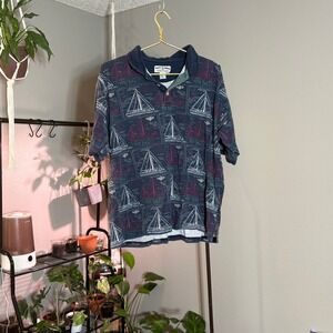 Vintage Geometric Sailboat Polo Shirt Mens Short Sleeve Casual Patterned